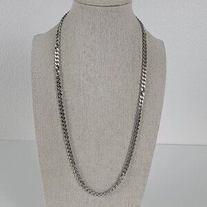 Silver-Tone Curb Chain Necklace Lobster Clasp Signed H 22 Inch Minimalist Unisex